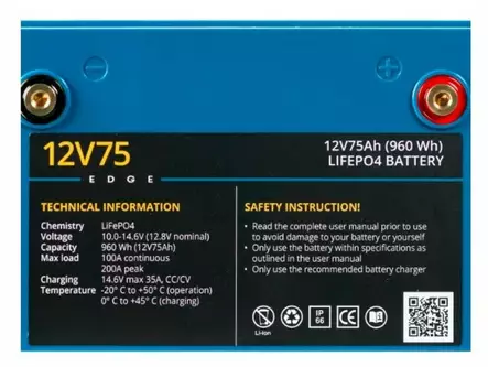 Akku Rebelcell Edge LiFePO4 akku, 12V75Ah (960Wh). Paino n. 6.9kg. BT yhteys, IP66. Takuu 3 vuotta. - Akkutarvikkeet veneisiin - 50471 - 1