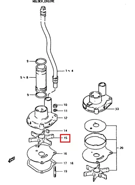 Siipipyörä/Impeller SUZUKI DT9.9hv 1977-82, DT14hv 1977-80, DT16hv 1977-82, DT25 1980-82 - Suzuki osat perämoottorille - 50901 - 2