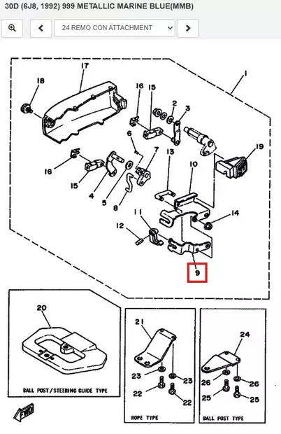Kaukohallintakaapelin Pidike/Bracket Remote Control Yamaha 25J 30D - Varaosat ja lisävarusteet - 52593 - 1
