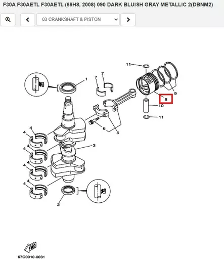 Mäntä/Piston (Standard) Yamaha F20A F25A F30A F40B - Varaosat ja lisävarusteet - 52613 - 1