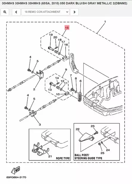 Kaapelinpää/Cable End Assy Remote Control Yamaha 25B 30H - Yamaha osat perämoottoreille - 35744 - 2