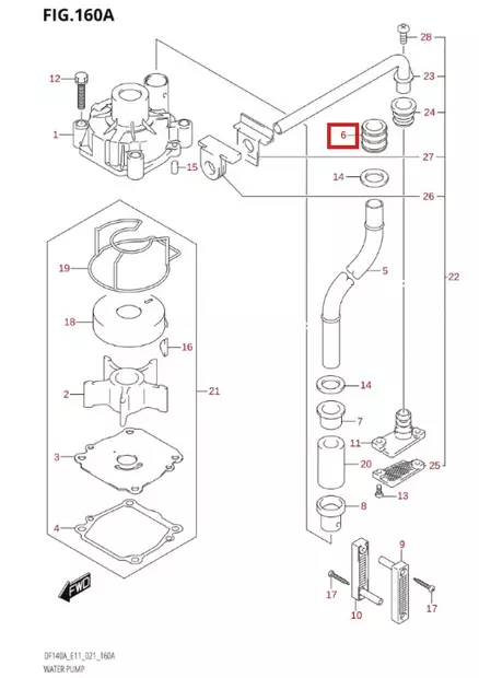 Kumitiiviste Vesiputkeen/Bush Water Tube (UPPER) DF90-DF140 - Suzuki osat perämoottorille - 50984 - 1
