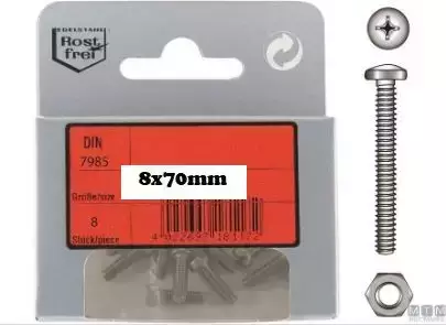 Koneruuvi Lieriökanta 8x70mm DIN7985 A2 - Mutterit ja ruuvit veneisiin - M9516040095 - 1