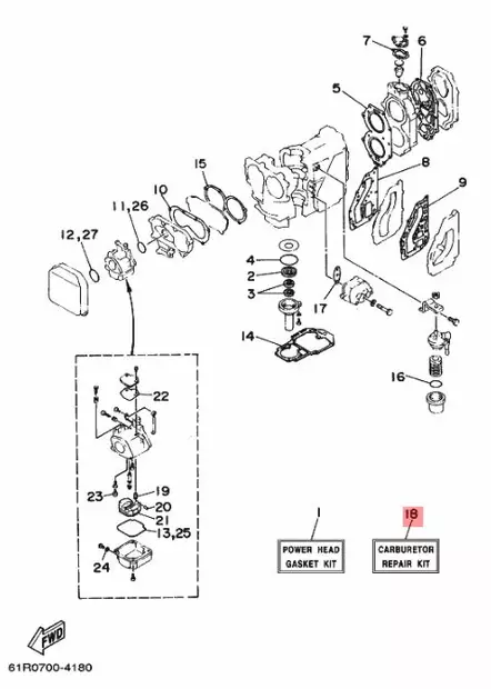 Kaasuttajan korjaussarja YAMAHA 25B, 30G ja H 2-sylinteriset Origin line-sarja - Perämoottorin Moottorin osat - 38387 - 2