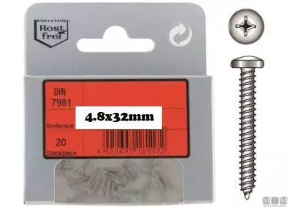 Peltiruuvi Lieriökanta 4.8x32mm DIN7981 - Mutterit ja ruuvit veneisiin - M9516040047 - 1